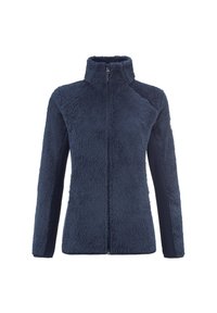 Veste en polaire intégrale zippée bleu marine avec col haut, devant et manches texturés, et panneaux latéraux lisses, conçue pour la chaleur.