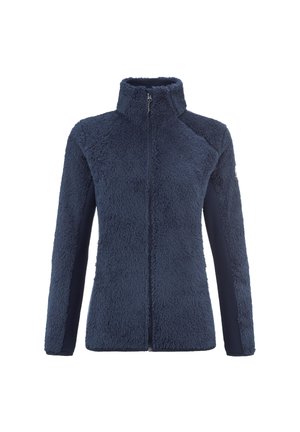 Navy blue full-zip fleece jacket with high collar, textured front and sleeves, and smooth side panels, designed for warmth.