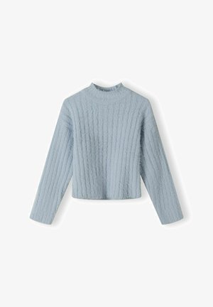 Helles blaues, kurzes Sweatshirt mit hohem Kragen, ausgestattet mit Rippstruktur und langen Ärmeln. Hergestellt aus weichem, flauschigem Material.