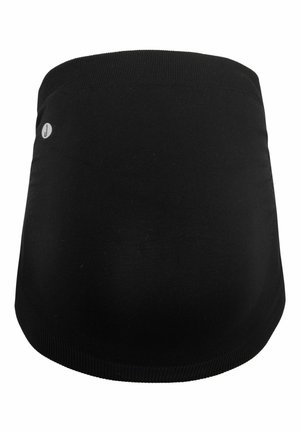 Sort strækbart stofmavebånd med struktureret ribbet øverste kant og lille logoaccent på venstre side. Glat, let design.