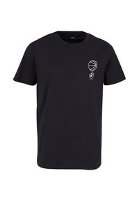 T-shirt en coton noir à manches courtes, avec un dessin en ligne blanche d'une main tenant un ballon de basket sur la partie gauche de la poitrine.