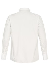 Valkoinen pitkähiha, kaulus, napilliset hihansuut, sileä kangas, tarkka istuvuus, muotoiltu takasauma, minimalistinen muotoilu, ilman kuvioita tai yksityiskohtia.