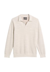 Helles beige Pullover-Sweatshirt mit V-Ausschnitt und Kragen. Aus strukturiertem Strickstoff gefertigt, mit einem kleinen Logo auf der Brust.