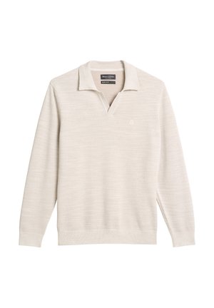 Jasnobeżowy sweter z dekoltem w serek i kołnierzykiem. Wykonany z teksturowanej dzianiny, z małym logo na klatce piersiowej.