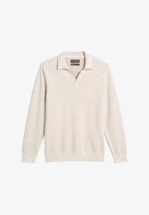 Jasnobeżowy sweter z dekoltem w serek i kołnierzykiem. Wykonany z teksturowanej dzianiny, z małym logo na klatce piersiowej.