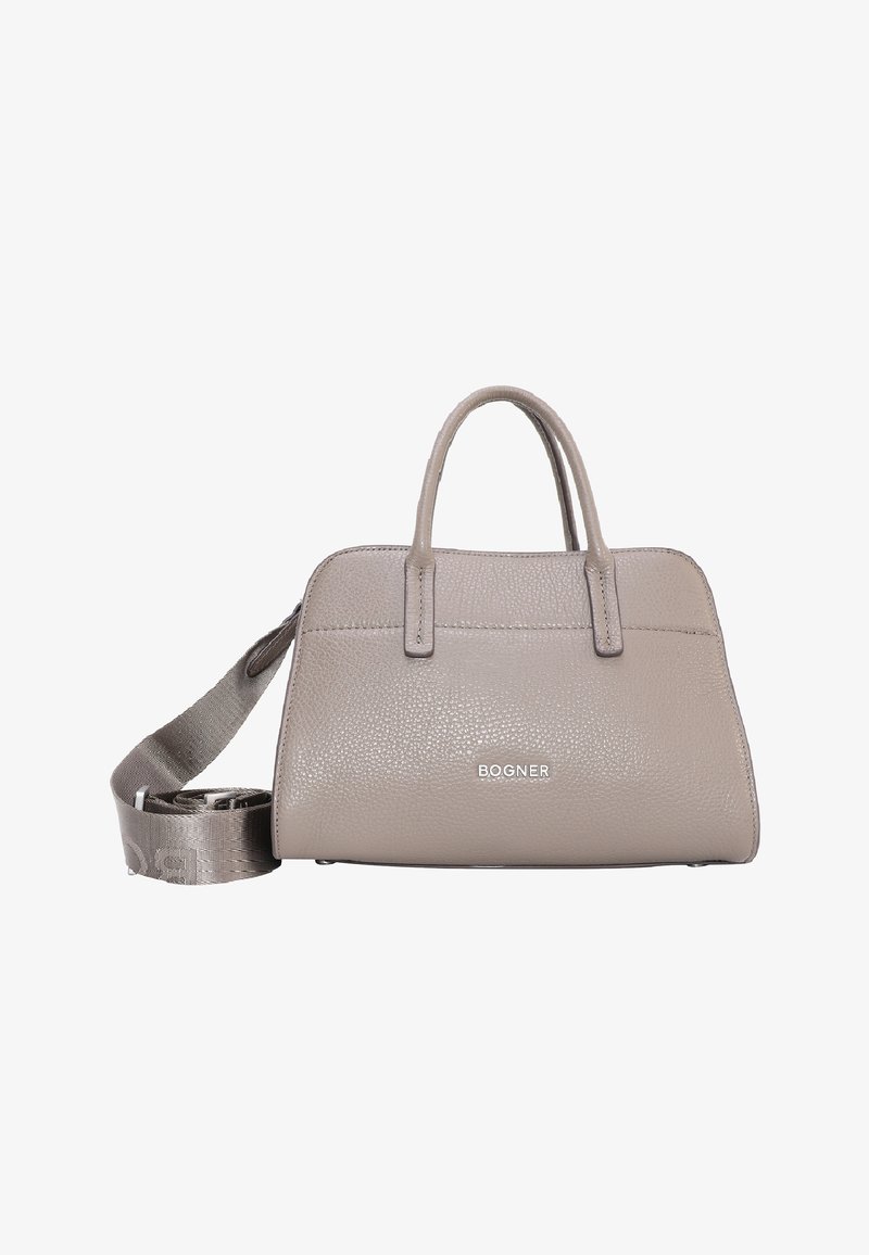 Borsa a tracolla in pelle grigia con un design strutturato, doppi manici superiori e una tracolla rimovibile. Presenta un accento con logo argentato sulla parte anteriore.