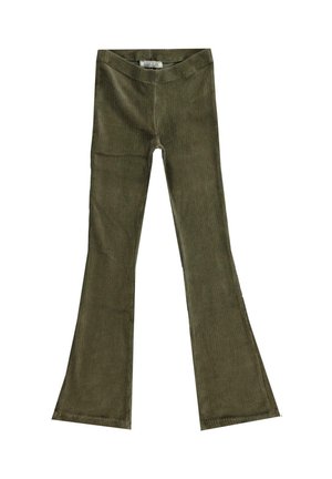 Uitlopende corduroy broek in olijfgroen. Kenmerkt zich door een verticale ribbelstructuur en een comfortabele, elastische tailleband.