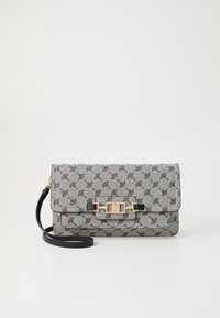Gray patterned clutch bag with a magnetic closure, black leather strap, and gold-tone hardware. Features a structured design and smooth texture.