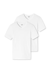 Due magliette bianche a manica corta con scollo a v, realizzate in tessuto morbido e con un taglio classico. Adatte per un abbigliamento casual o per essere indossate a strati.
