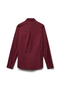 Burgundy long-sleeve shirt with a spread collar, back pleat, and button cuffs. Smooth texture with a slightly curved hemline.