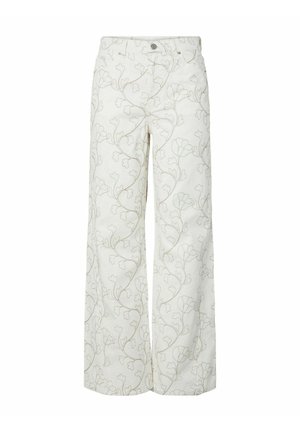 Pantaloni bianchi a gamba larga con vita alta e delicato motivo floreale grigio chiaro, chiusura frontale con bottoni e zip.