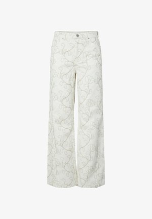 Hvide bukser med vide ben og høj talje med subtilt lyst gråt blomstret vinmønster, foran med knapper og lynlås.