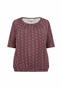 Top a maniche corte color borgogna con un motivo geometrico in beige chiaro. Presenta un colletto tondo e dettagli arricciati sul collo e sull'orlo.