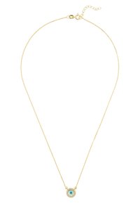 Gul kædehalssmykke med en rund turkise vedhæng omgivet af en cirkel af små klare sten, med en justerbar lås.
