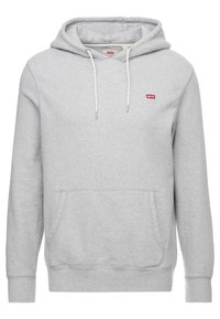 Sudadera gris claro de Levi's con bolsillo tipo canguro en el frente, capucha ajustable con cordones blancos y pequeño logo rojo de Levi's en el pecho.