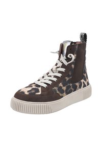 High-Top-Sneaker mit einem braunen und Leopardenmuster, ausgestattet mit grauen Schnürsenkeln, einer strukturierten Sohle und einer Anziehschlaufe auf der Rückseite.