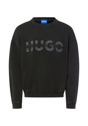 Schwarzer Baumwollpullover mit gerippten Bündchen und Saum. Besitzt ein großes, tonal bedrucktes "HUGO"-Logo auf der Vorderseite.