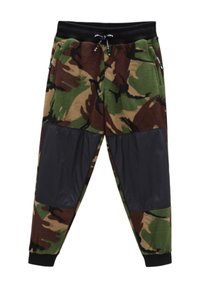 Pantalons de jogging en matériau en polaire à motif camouflage, avec des panneaux synthétiques noirs sur les cuisses et une taille élastique avec cordon de serrage.