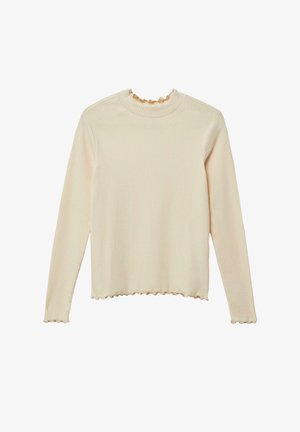 Geribbeld lichtgewicht crèmekleurig sweater met een ronde halslijn, gerimpelde afwerking en golvende zomen. Lange mouwen, casual pasvorm en zachte textuur.