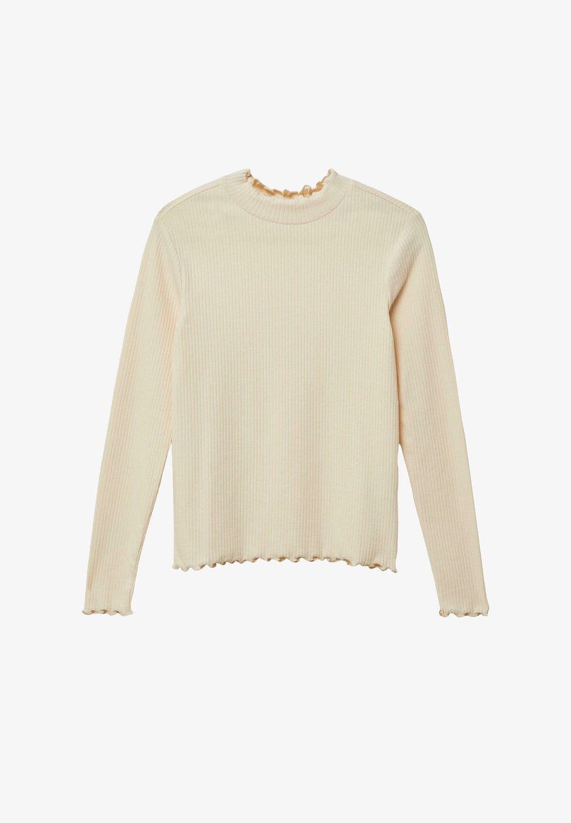 Pull léger côtelé écru avec un col rond, des finitions volantées et des ourlets festonnés. Manches longues, coupe décontractée et texture douce.