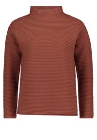 Brun ribbad tröja med hög krage, långa ärmar och en boxig passform. Tyget har en strukturerad mönstring, vilket ger visuell intresse och värme.