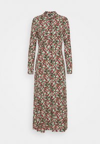 Abito floreale lungo fino alla caviglia con maniche lunghe, decorato con piccoli fiori rossi, bianchi e verdi e un colletto alto su uno sfondo semplice.