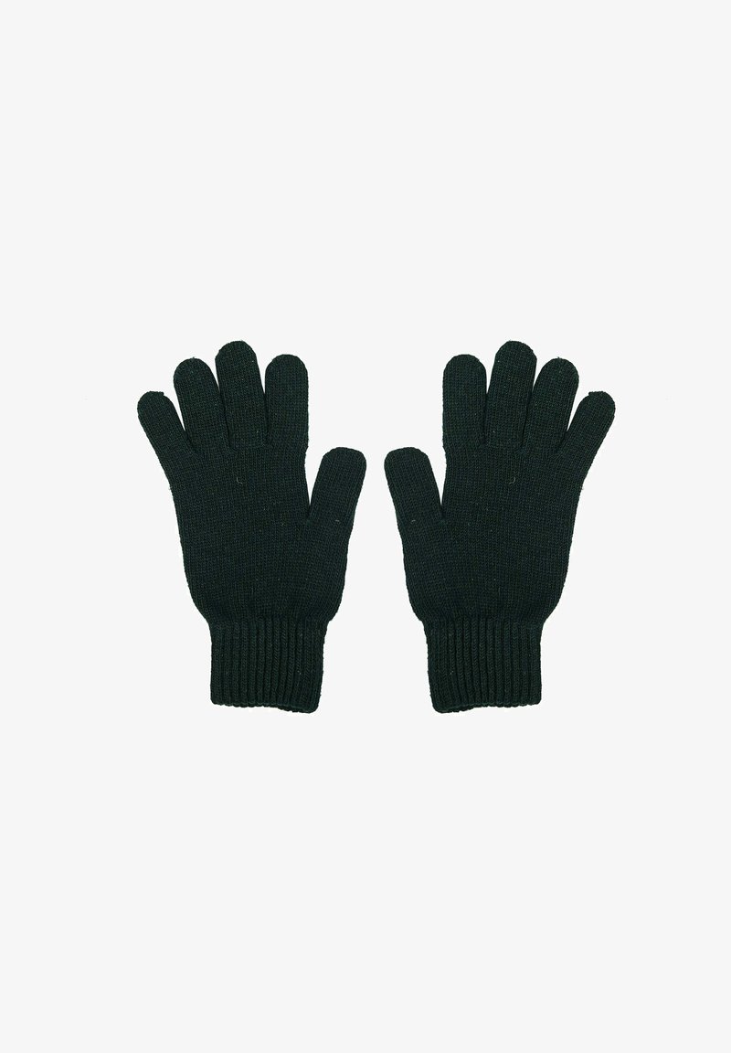 Černé pletené rukavice s žebrovaným zápěstím. Design s pěti prsty, vyrobené z texturované tkaniny vhodné pro teplo a pohodlí.