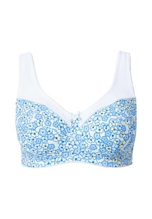 Blaue Blumenmuster-BH mit weißen Akzenten. Weicher Stoff, gepolsterte Cups und verstellbare Träger. Mit einem kleinen Schleifendetail in der Mitte.