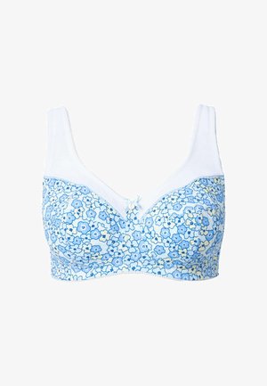 Reggiseno a stampa floreale blu con dettagli bianchi. Tessuto morbido, coppe imbottite e spalline regolabili. Presenta un piccolo fiocco al centro.