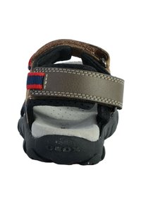 Sandal de color marrón y negro con parte superior texturizada, correa ajustable, cuello acolchado y suela de goma. Presenta acentos en tonos rojo y azul a rayas.