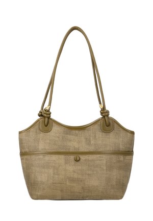 Beige struktureret totepose med to knyttede håndtag, en buet topkant og en frontlomme med knap.