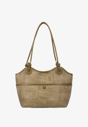 Beigen värinen teksturoidu laukku, jossa on kaksi solmittua kahvaa, kaareva yläreuna ja etutasku, jossa on nappi.