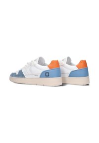 White sneakers with blue and orange accents, featuring suede and smooth leather textures, round toe, and a flat rubber sole.