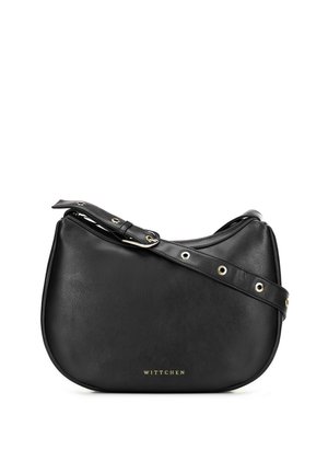 Sac bandoulière en cuir noir avec sangle réglable et logo doré "WITTCHEN" centré près du bas.