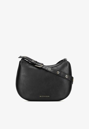 Zwarte leren schoudertas met verstelbare band en gouden "WITTCHEN" logo gecentreerd nabij de onderkant.