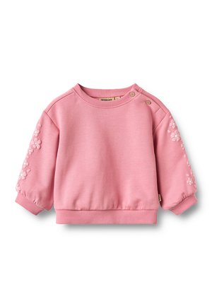 Pull rose à manches longues pour tout-petit avec poignets et ourlet côtelés, broderie florale sur les manches et deux boutons en bois sur l'épaule gauche.