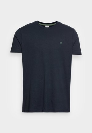 Gładki, ciemnogranatowy t-shirt z krótkim rękawem i okrągłym dekoltem, z małym, subtelnym logo liścia na lewej piersi.