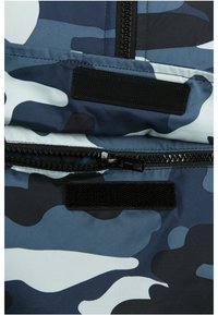 Blue, black, and white camouflage fabric with a black zipper and two black hook-and-loop fasteners on the front.