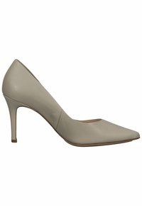 Décolleté in pelle beige con punta affusolata, texture liscia e sottile tacco a stiletto, caratterizzato da un design con scollatura bassa.