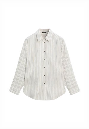 Overhemd met lange mouwen en knopen, met dunne verticale strepen in wit, beige en lichtgrijs, met een klassieke kraag en knoopmanchetten.