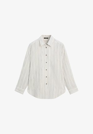 Langärmliges Hemd mit Knopfleiste, dünnen vertikalen Streifen in Weiß, Beige und Hellgrau, mit klassischem Kragen und geknöpften Manschetten.