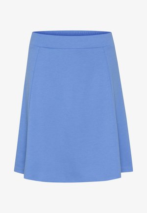 Light blue skater skirt made of soft fabric. Features a fitted waistband and flared hem, with clean stitching and no visible patterns.