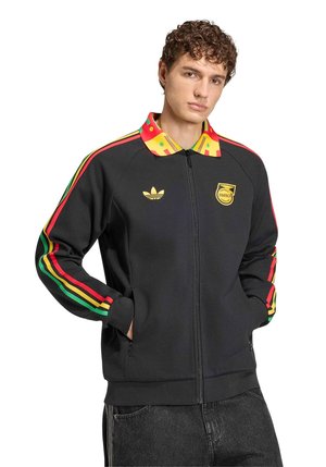 Tânăr purtând o jachetă neagră cu fermoar, cu dungi roșii, galbene și verzi pe mâneci și un guler colorat, stând cu mâinile în buzunare.