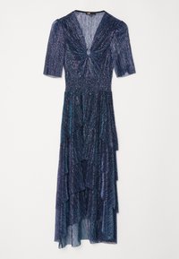 Robe midi bleu marine scintillante avec manches courtes, encolure en V avec nœud torsadé, taille froncée, et jupe à volants superposés.