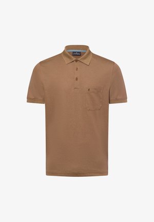 Brown polo shirt with a textured collar, three-button placket, and a chest pocket featuring a subtle brand logo. Smooth fabric finish.