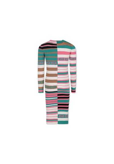 Abito in maglia con maniche lunghe caratterizzato da un mix di righe orizzontali in teal, marrone, rosa e nero, con il logo MSGM sull'orlo.