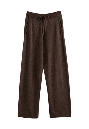 Bruine wijde broek gemaakt van zachte stof, met een elastische tailleband en verstelbaar trekkoord, en twee zijzakken.