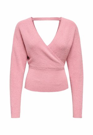 Różowy sweter z prążkowanym splotem, głębokim dekoltem w kształcie litery V i długimi rękawami. Posiada krótką długość oraz wycięcie z tyłu.