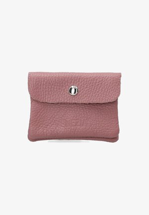 Pink leather wallet with a textured surface, flap closure, and a silver snap button. Features embossed brand name on the front.