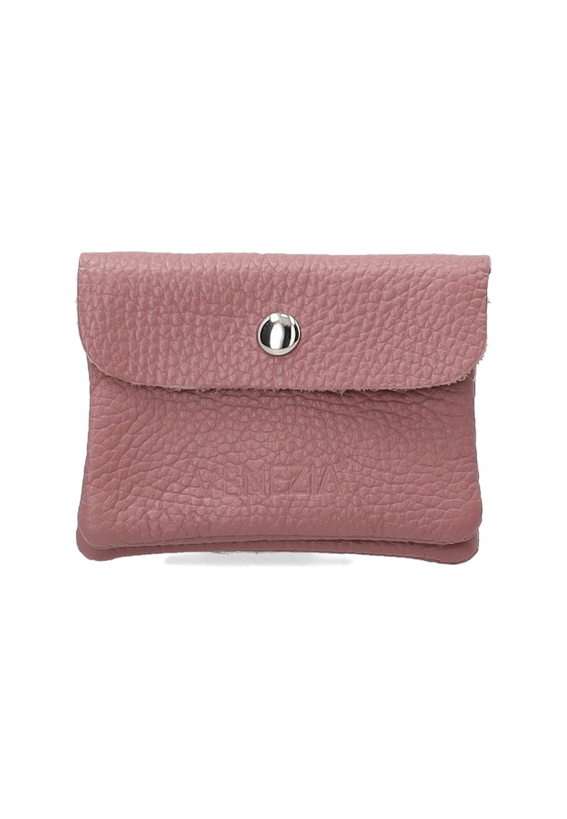 Pink leather wallet with a textured surface, flap closure, and a silver snap button. Features embossed brand name on the front.